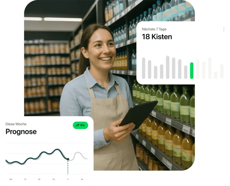 Lächelnde Supermarktmitarbeiterin mit Tablet vor Getränke-Regal, daneben digitale Prognose-Widgets mit Absatzdaten in Kisten und Trendkurve.