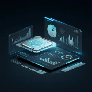 KI-System analysiert hochwertige Datenströme mit leuchtenden Datenlinien, Diagrammen und Grafiken in einer futuristischen High-Tech-Umgebung, um die Bedeutung von Datenqualität für präzises Forecasting zu verdeutlichen.